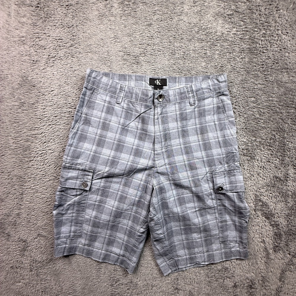 Y2K Calvin Klein Mens Blue Grey Plaid Cargo Shorts 30 Cotton Casual Outdoors